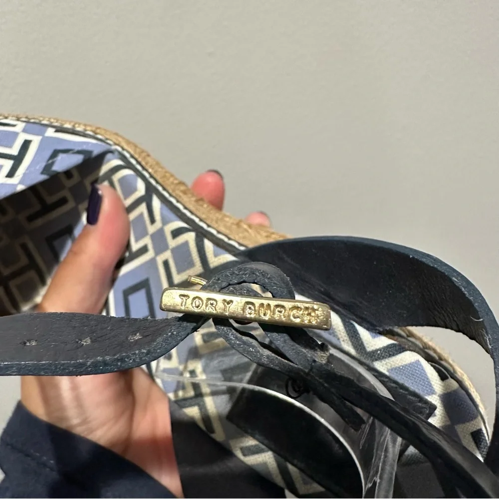 Tory Burch Navy Espadrille Wedge Ankle Strap All Over Logo Print Size 8 B